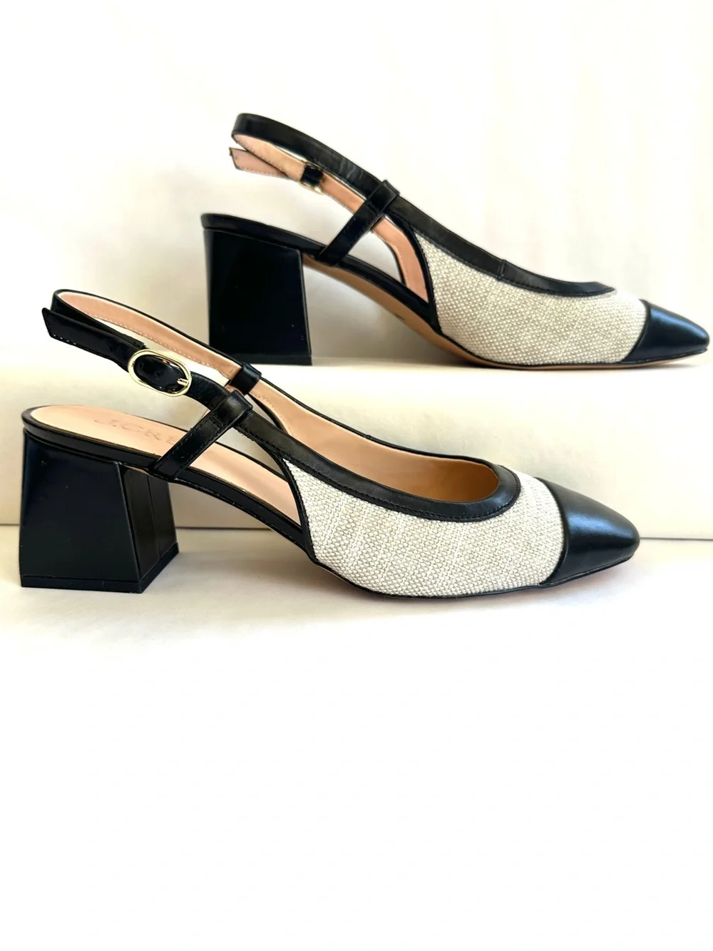 J.CREW MILLIE CAP-TOE ITALIAN LINEN/LEATHER BLOCK HEEL SLING BACK SHOES NEW Sz10